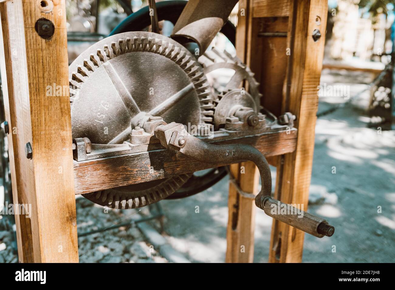 Well lifting mechanism closeup. Gate raising gear at medieval fortress
