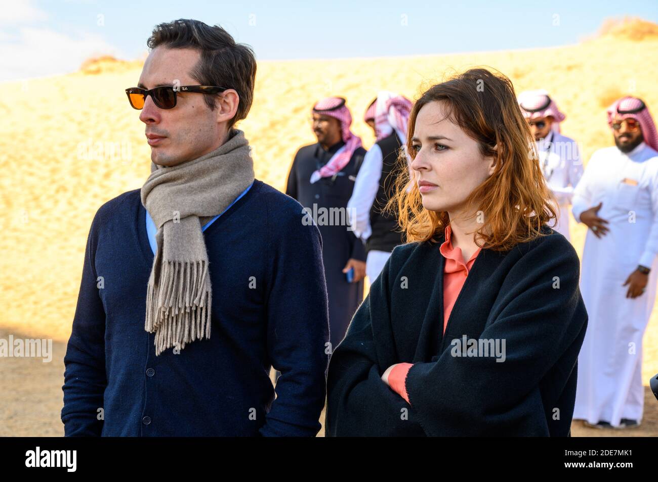 French Member of Parliament Jean-Baptiste Djebbari and wife Fiona Sisso  seen during a visit to Mada'in Salih area, near the town of Al Ula, Saudi  Arabia on January 4, 2019, as part