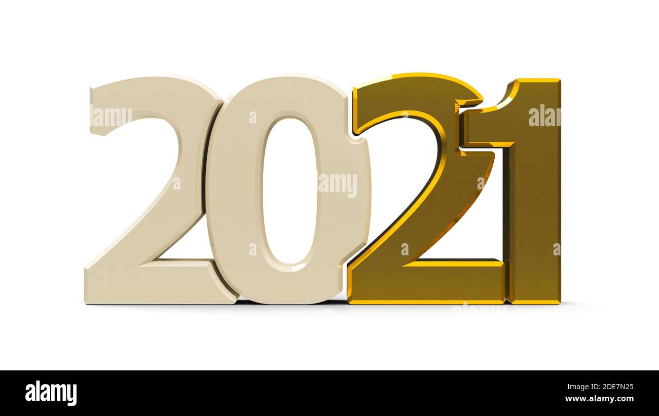 Gold 2021 symbol, icon or button isolated on white background, represents the new year 2021, three-dimensional rendering, 3D illustration Stock Photo