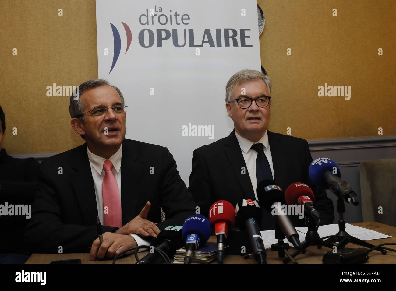 French right-wing Les Republicains (LR) party deputy Jean-Paul Garraud and  French right-wing Les Republicains (LR) party member Thierry Mariani during  a press conference on the upcoming european elections, in Paris, on January