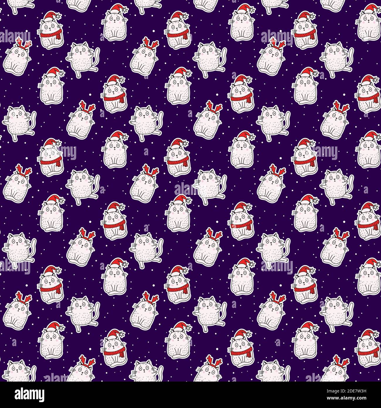 Seamless patterns. White cute cats in a hat with antlers, in a Santa ...