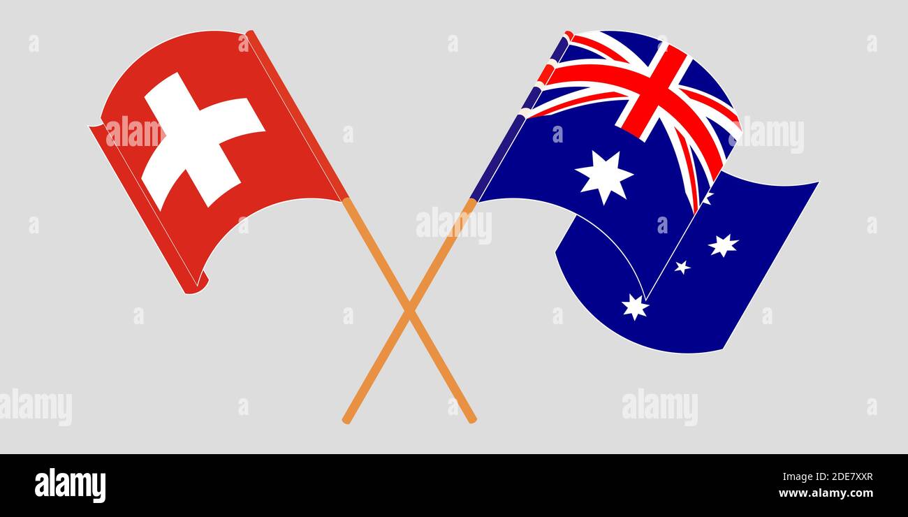 Crossed and waving flags of Switzerland and Australia. Vector