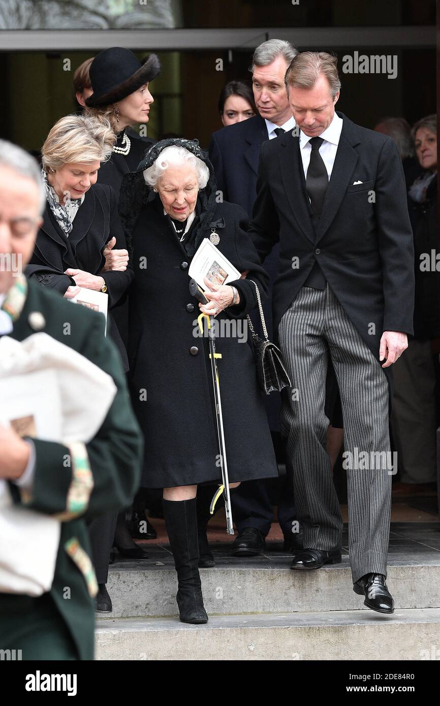 Grand Duke Henri of Luxembourg, Princess Marie-Astrid of Luxembourg and Archduchess Yolande of Austria attend the funeral of Count Philippe of Lannoy at Saint-Amand church in Frasnes-lez-Anvaing, Belgium on January 16, 2019.Count Philippe of Lannoy has died at 96 on January 10, 2019, father of Crown Grand Duchess Stephanie of Luxembourg. Photo by David Niviere/ABACAPRESS.COM Stock Photo