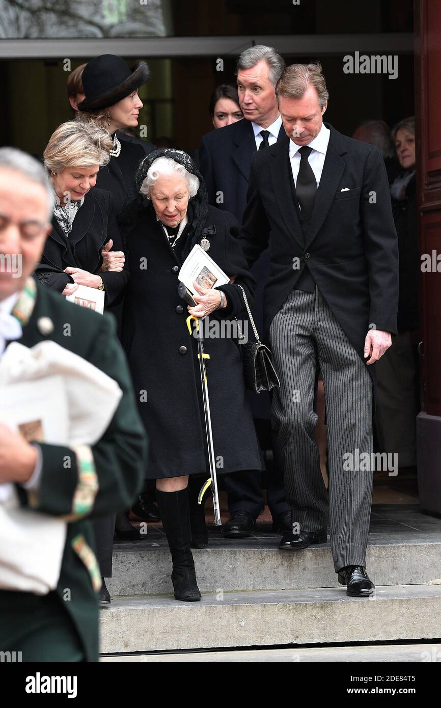 Grand Duke Henri of Luxembourg, Princess Marie-Astrid of Luxembourg and Archduchess Yolande of Austria attend the funeral of Count Philippe of Lannoy at Saint-Amand church in Frasnes-lez-Anvaing, Belgium on January 16, 2019.Count Philippe of Lannoy has died at 96 on January 10, 2019, father of Crown Grand Duchess Stephanie of Luxembourg. Photo by David Niviere/ABACAPRESS.COM Stock Photo