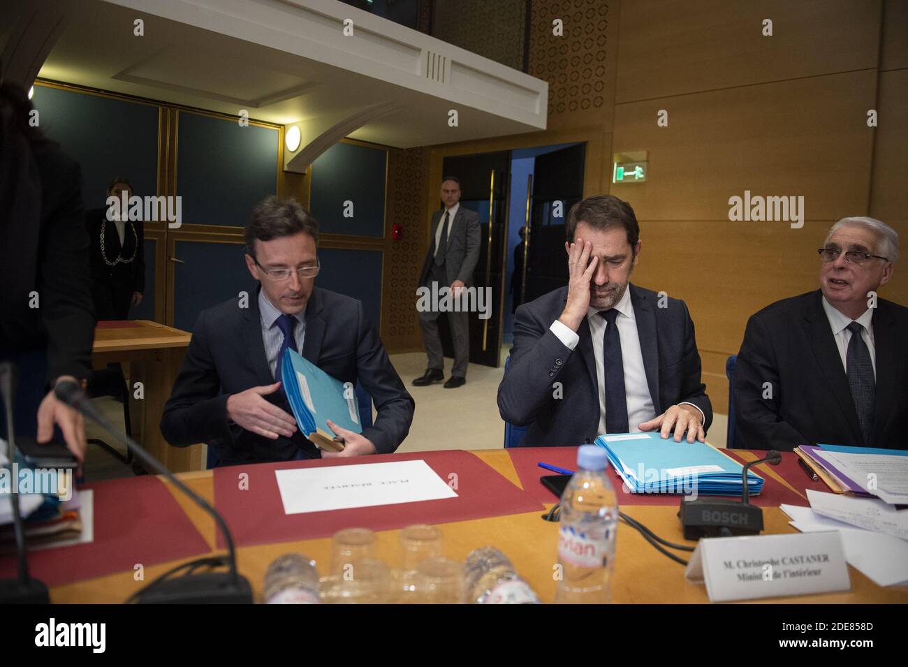 French Interior Minister Christophe Castaner arrives to appear before the Senate Law Commission in Paris on January 16, 2019 in the case of former top presidential security aide Alexandre Benalla. Alexandre Benalla caused severe embarrassment for Macron after he was caught on video roughing up protesters at a demonstration in May 2018 while wearing a police helmet. In December it was revealed that, despite being sacked from his job, he has continued to travel widely on a diplomatic passport. Photo by Eliot Blondet/ABACAPRESS.COM Stock Photo