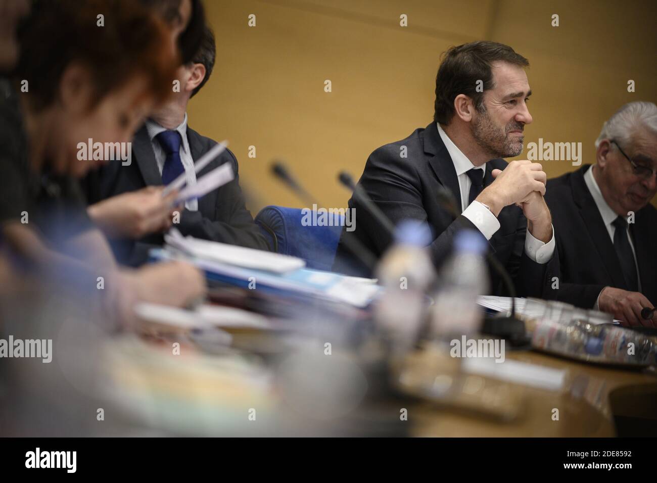 French Interior Minister Christophe Castaner arrives to appear before the Senate Law Commission in Paris on January 16, 2019 in the case of former top presidential security aide Alexandre Benalla. Alexandre Benalla caused severe embarrassment for Macron after he was caught on video roughing up protesters at a demonstration in May 2018 while wearing a police helmet. In December it was revealed that, despite being sacked from his job, he has continued to travel widely on a diplomatic passport. Photo by Eliot Blondet/ABACAPRESS.COM Stock Photo