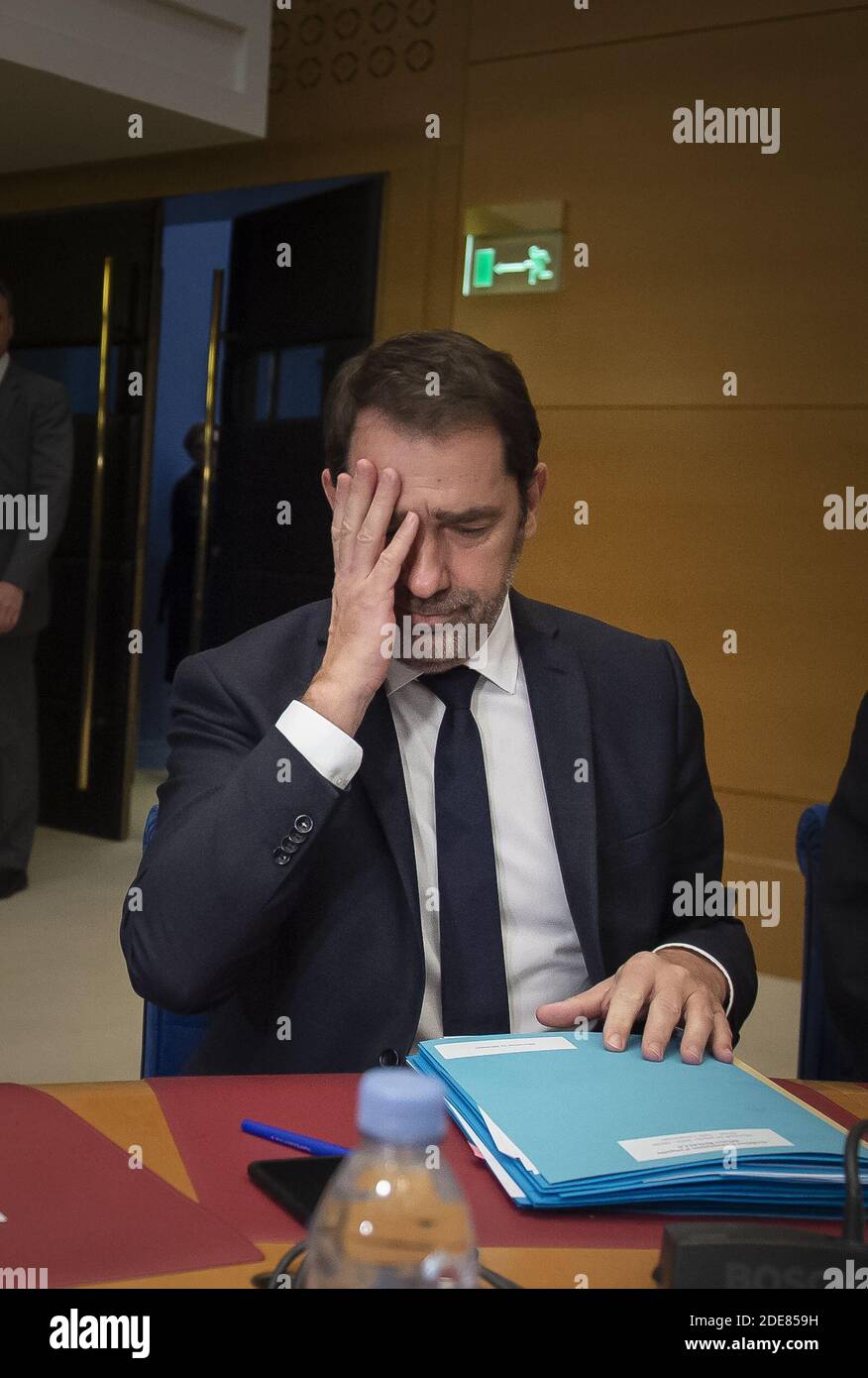 French Interior Minister Christophe Castaner arrives to appear before the Senate Law Commission in Paris on January 16, 2019 in the case of former top presidential security aide Alexandre Benalla. Alexandre Benalla caused severe embarrassment for Macron after he was caught on video roughing up protesters at a demonstration in May 2018 while wearing a police helmet. In December it was revealed that, despite being sacked from his job, he has continued to travel widely on a diplomatic passport. Photo by Eliot Blondet/ABACAPRESS.COM Stock Photo