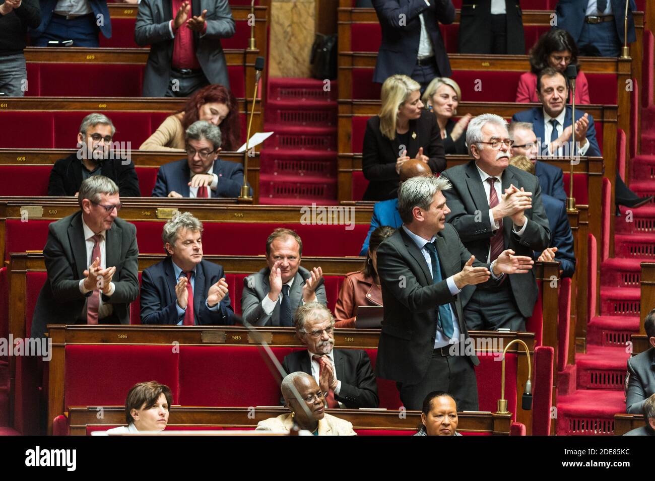 Group Gauche Democrate et Republicaine (Democrat and Republican Left) applauses MP Richard Ramos (MODEM) during Question Time at the Palais Bourbon, home of The French National Assembly, in Paris, France, January 16, 2019. Photo by Daniel Derajinski/ABACAPRESS.COM Stock Photo