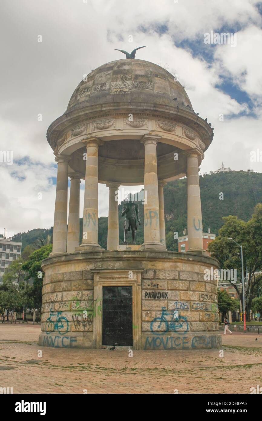 Graffiti on Statue of Simon Bolivar Monument, Bogota, Colombia Stock Photo