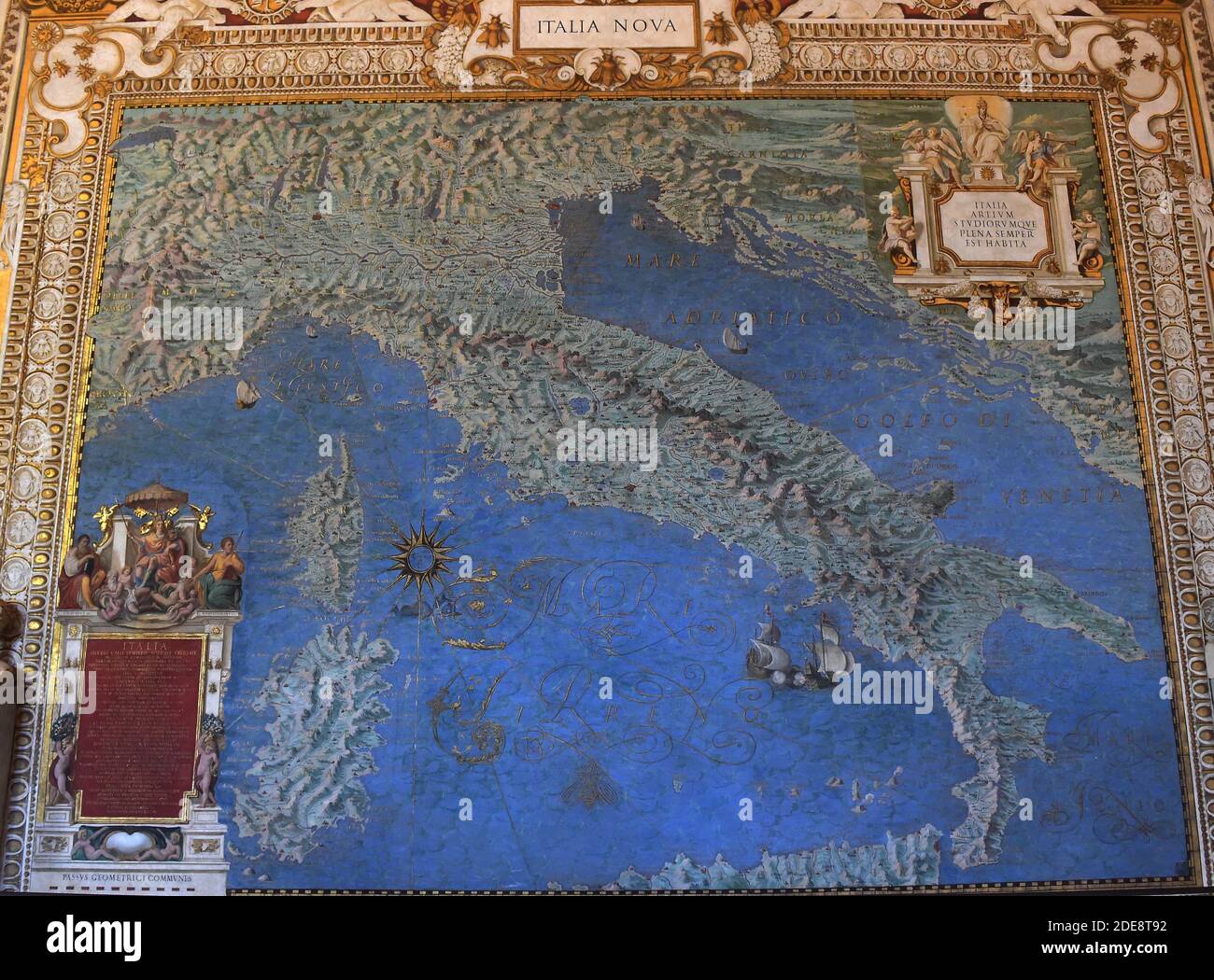 16th century painted map of Italy in the Gallery of Geographical Maps. The Gallery of Geographical Maps is 120 m long and was commissioned in 1581 by Pope Gregory XIII. Thus it was that 40 geographical maps were painted along the walls representing the italian regions and the principal ports and cities.Vatican Museums (Gallery of Geographical Maps) Vatican, 2018. - The Vatican Museums contain masterpieces of painting, sculpture and other works of art collected by the popes through the centuries. Through their diversity and richness, the Vatican museums rank among the first great museums in the Stock Photo