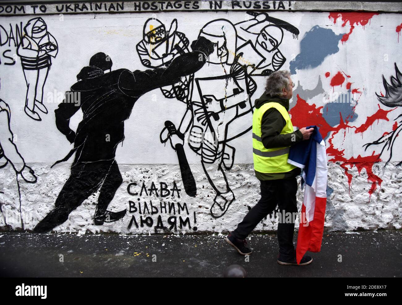 A Fresco Yellow Vests Inspired Boxer Christophe Dettinger in Paris, France on January 25, 2019. Photo by Alain Apaydin/ABACAPRESS.COMGilets Jaunes Stock Photo