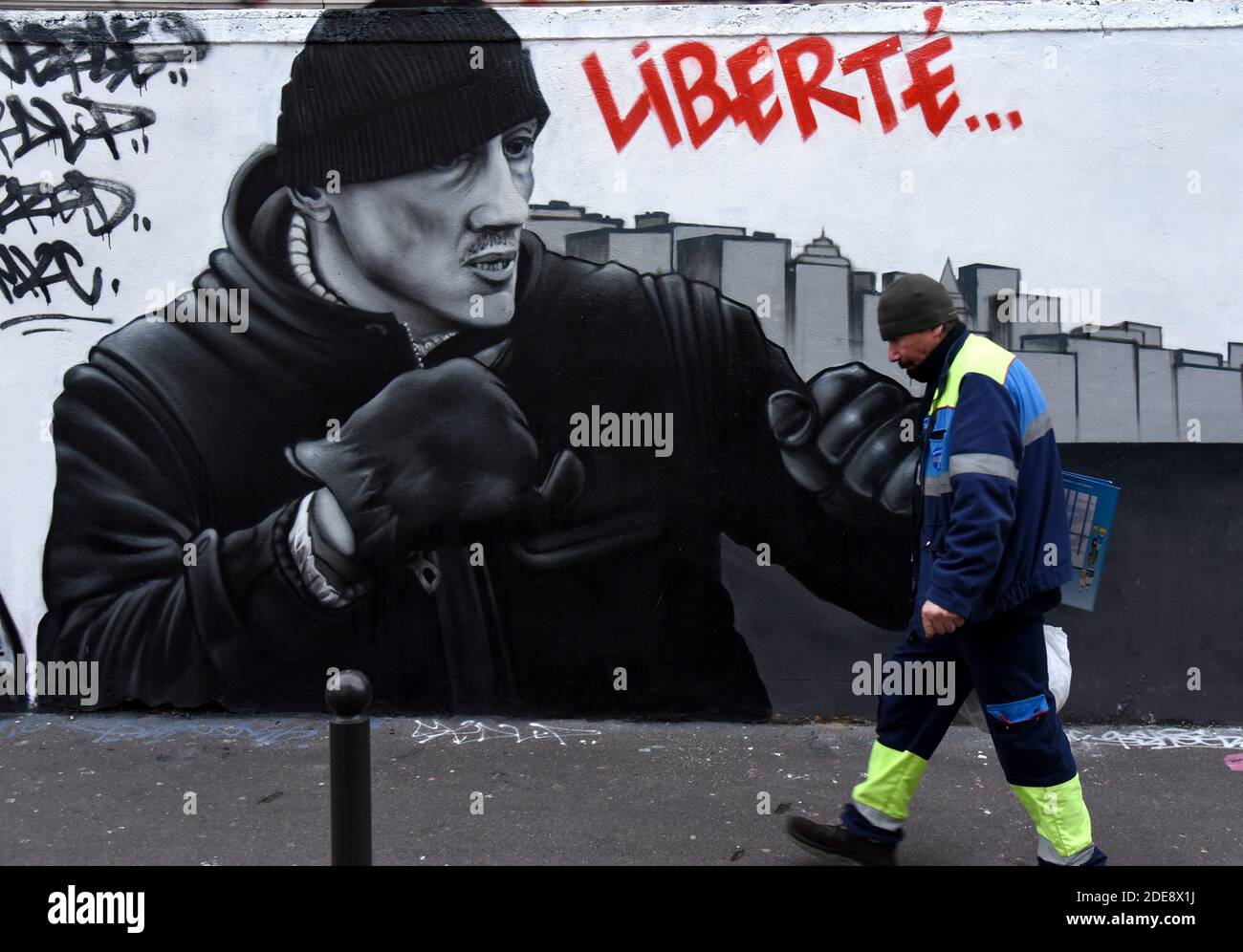 A Fresco Yellow Vests Inspired Boxer Christophe Dettinger in Paris, France on January 25, 2019. Photo by Alain Apaydin/ABACAPRESS.COMGilets Jaunes Stock Photo