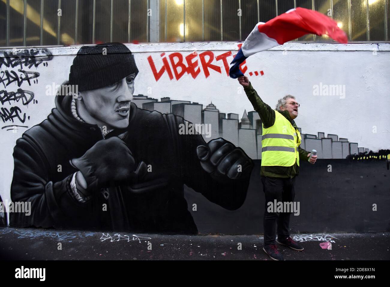 A Fresco Yellow Vests Inspired Boxer Christophe Dettinger in Paris, France on January 25, 2019. Photo by Alain Apaydin/ABACAPRESS.COMGilets Jaunes Stock Photo