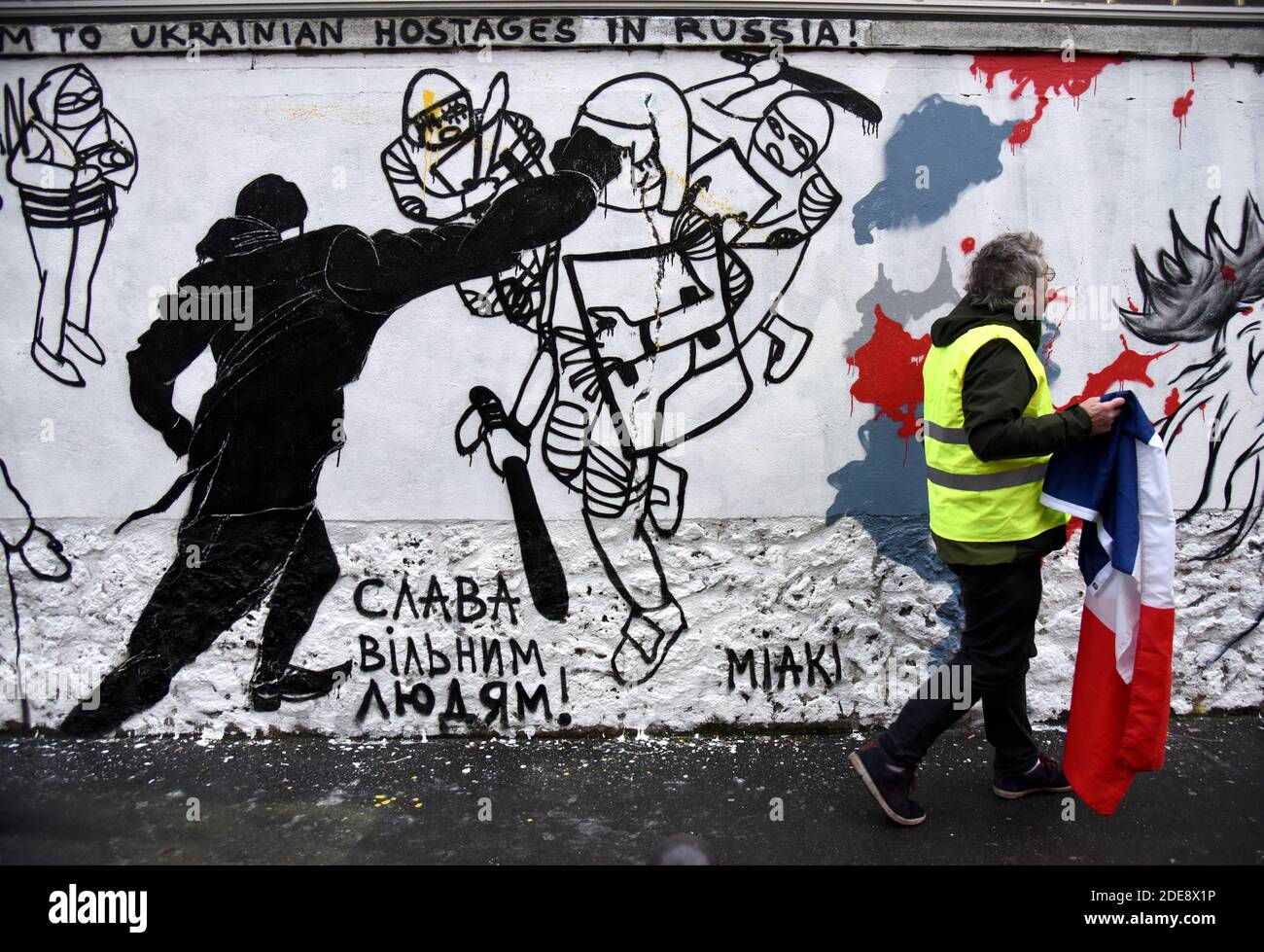 A Fresco Yellow Vests Inspired Boxer Christophe Dettinger in Paris, France on January 25, 2019. Photo by Alain Apaydin/ABACAPRESS.COMGilets Jaunes Stock Photo