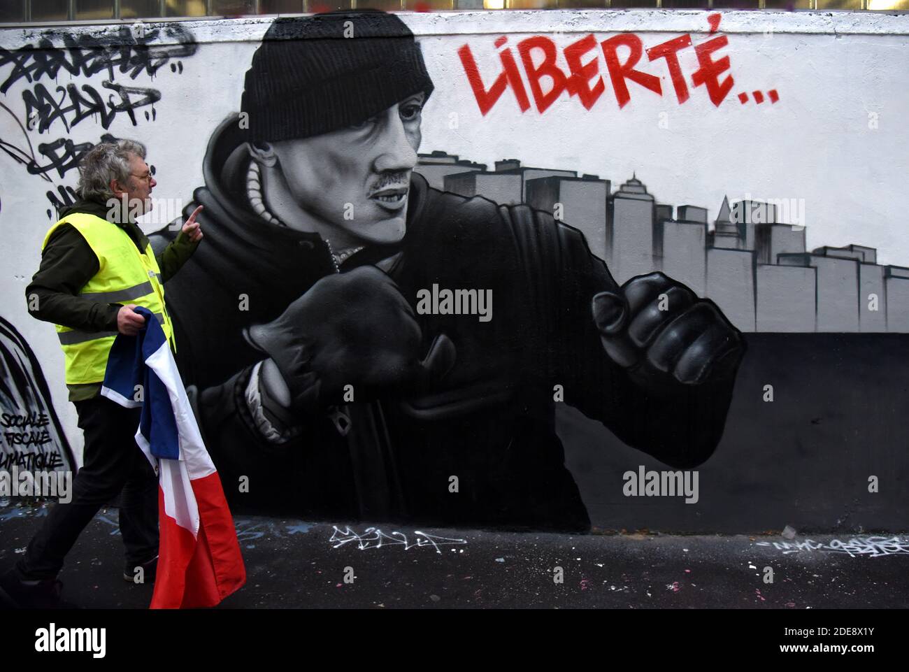 A Fresco Yellow Vests Inspired Boxer Christophe Dettinger in Paris, France on January 25, 2019. Photo by Alain Apaydin/ABACAPRESS.COMGilets Jaunes Stock Photo