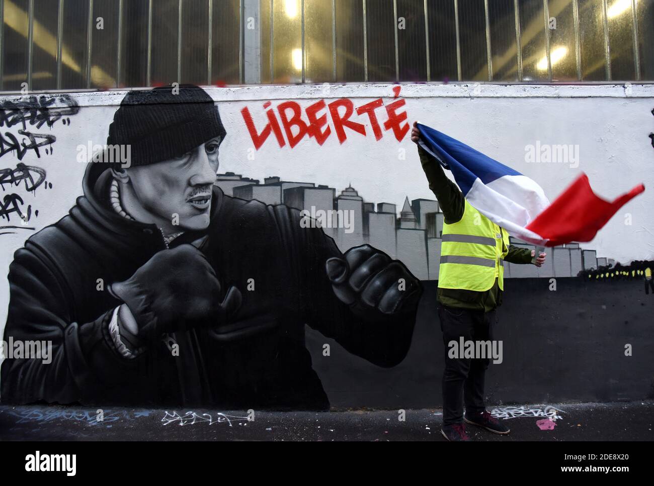 A Fresco Yellow Vests Inspired Boxer Christophe Dettinger in Paris, France on January 25, 2019. Photo by Alain Apaydin/ABACAPRESS.COMGilets Jaunes Stock Photo