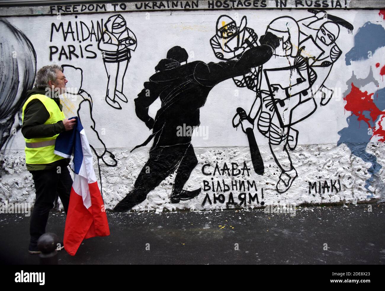 A Fresco Yellow Vests Inspired Boxer Christophe Dettinger in Paris, France on January 25, 2019. Photo by Alain Apaydin/ABACAPRESS.COMGilets Jaunes Stock Photo