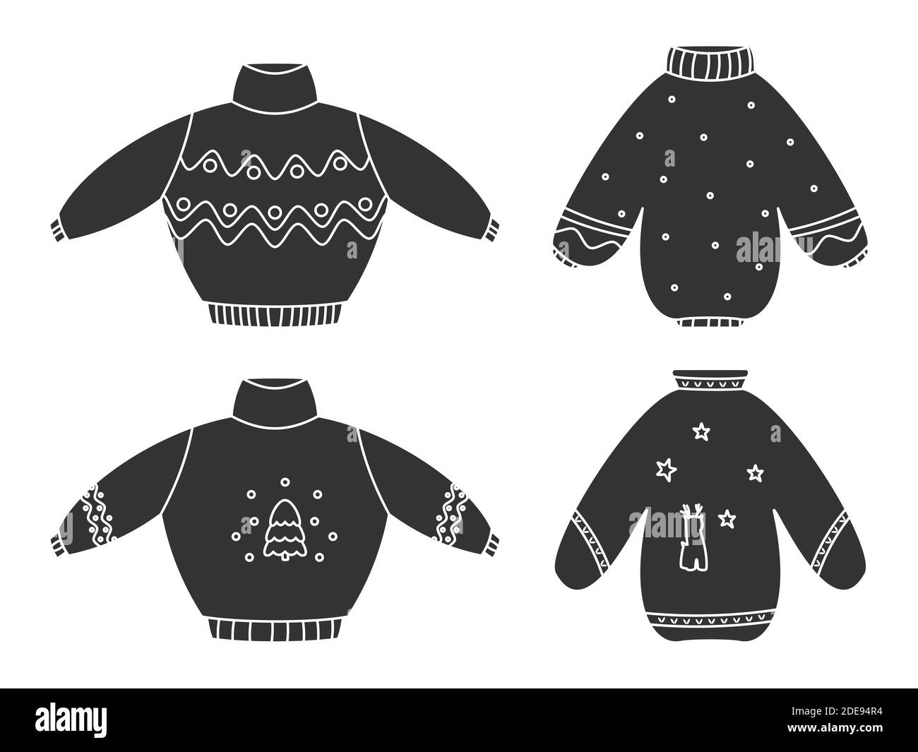 Cute ugly Christmas sweaters glyph black set. Knitted winter clothes. Jumpers with ornament and deer. Traditional holiday pullover, funny xmas prints. Hygge time. Isolated on white vector illustration Stock Vector