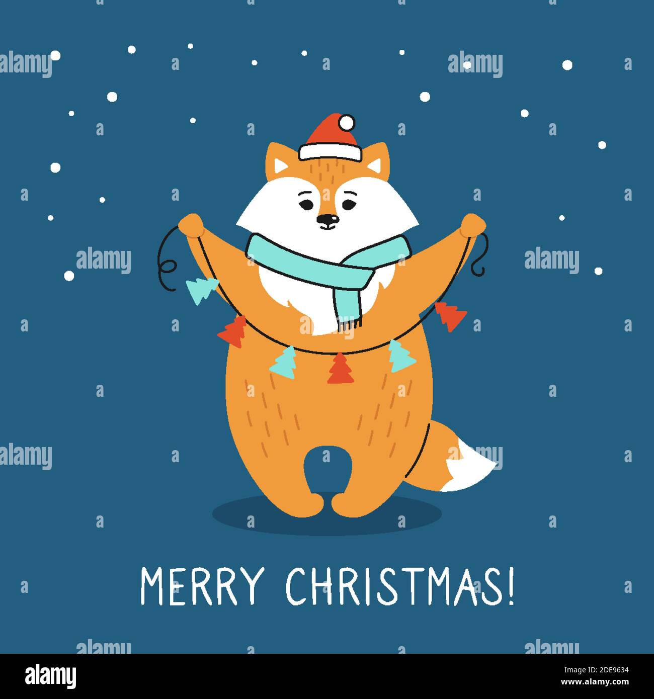 Greeting Christmas card, fox with tree garland. New year red fox in Santa  Claus hat. Hand drawn funny cartoon christmas character. Happy New year,  merry Christmas. Animal vector Stock Vector Image &