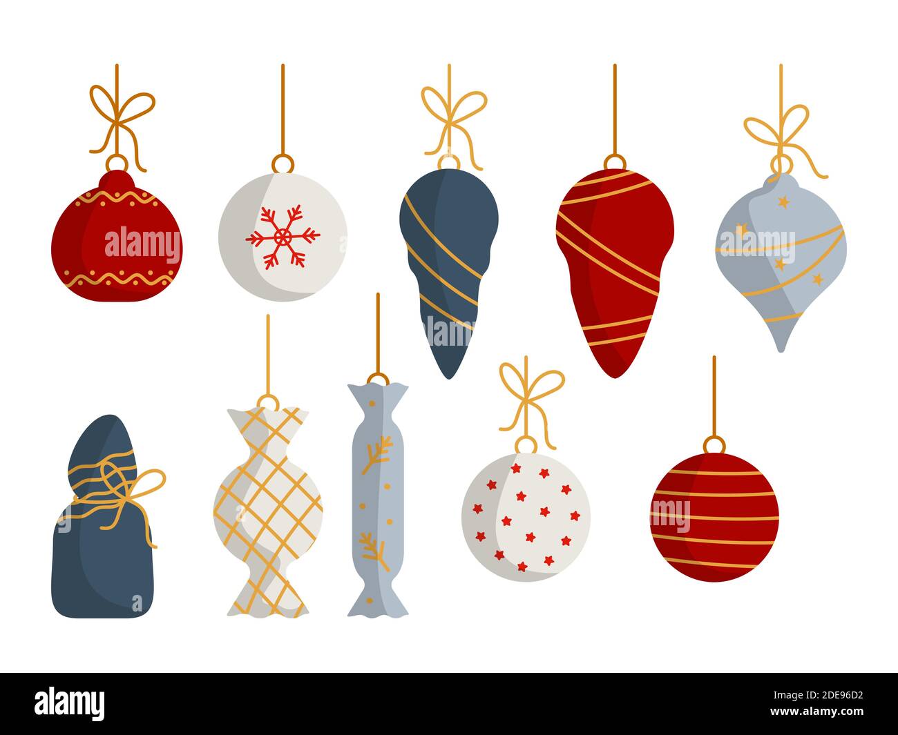 Christmas tree balls decorations flat cartoon set. Xmas toys, holiday  ornaments icicle, candy bauble. Concept celebration New Year. Simple retro  xmas trees decor. Isolated on white vector illustration Stock Vector Image 