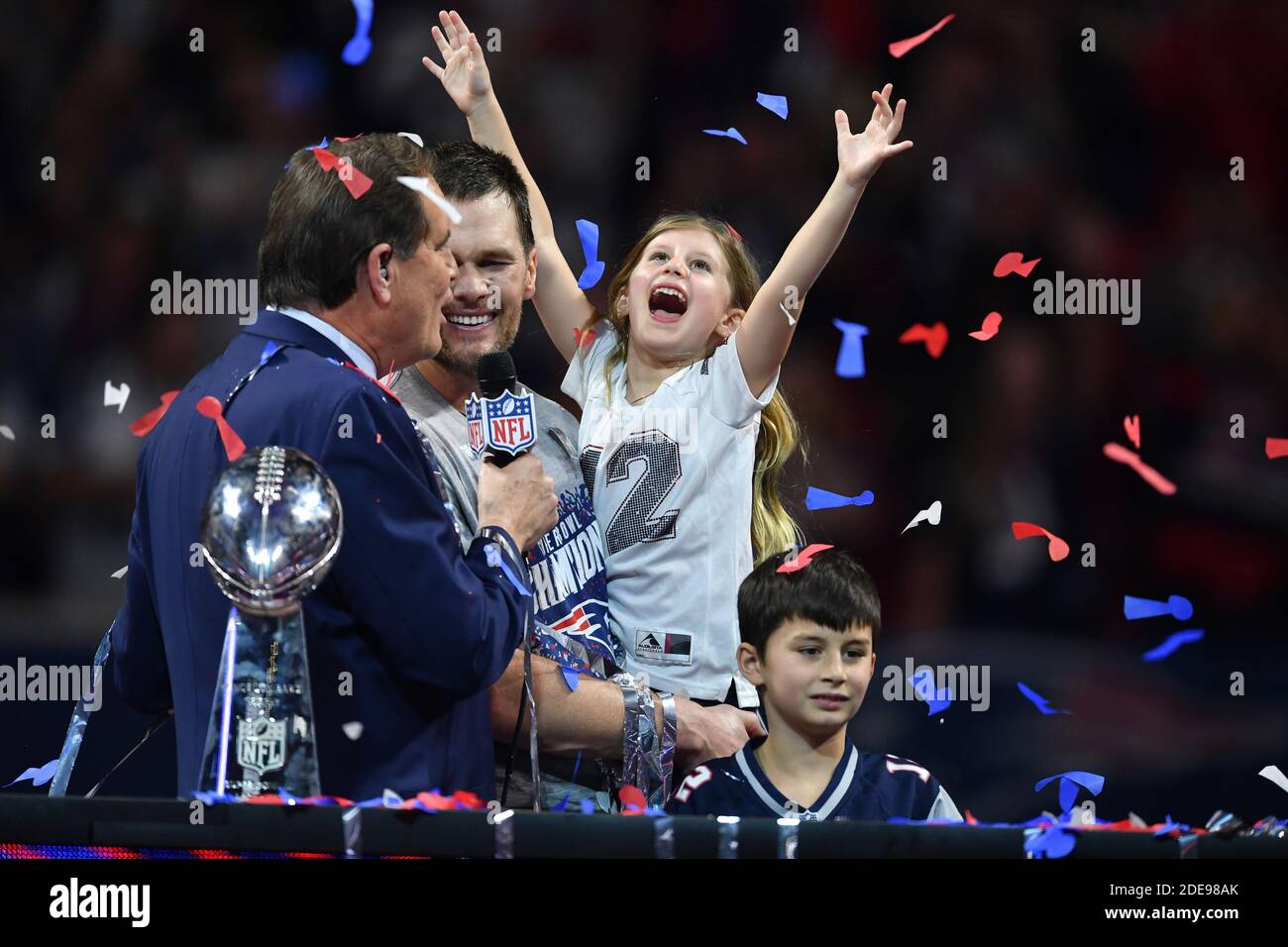 New England Patriots Quarterback Tom Brady with his daughter Vivian Lake  won his 6th Super Bowl at Super Bowl LIII at Mercedes-Benz Stadium on  February 3, 2019 in Atlanta, GA, USA. Photo