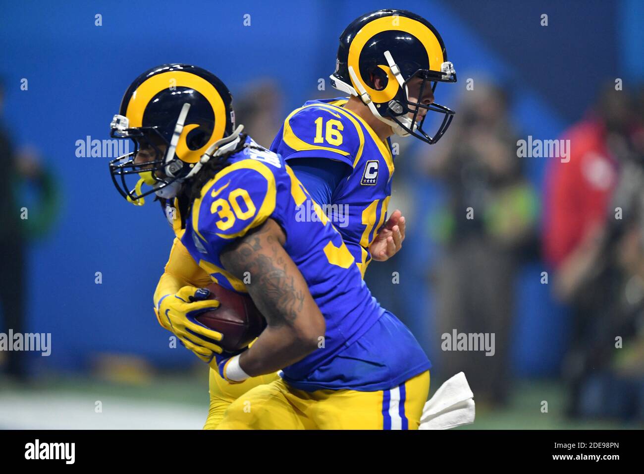 Los Angeles Rams quarterback Jared Goff (16) is sacked by New England  Patriots defensive end Trey Flowers (98) and Patriots linebacker Dont'a  Hightower (54) in the second quarter of Super Bowl LIII