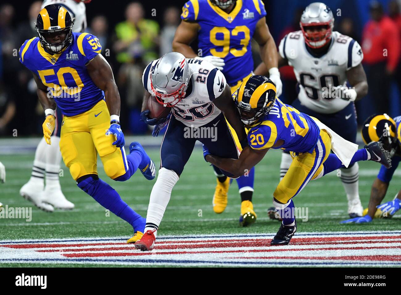 Sony Michel in action during the Super Bowl LIII at Mercedes-Benz Stadium on February 3, 2019 in Atlanta, GA, USA. The New England Patriots defeats the Los Angeles Rams 13 to 3. Photo by Lionel Hahn/ABACAPRESS.COM Stock Photo