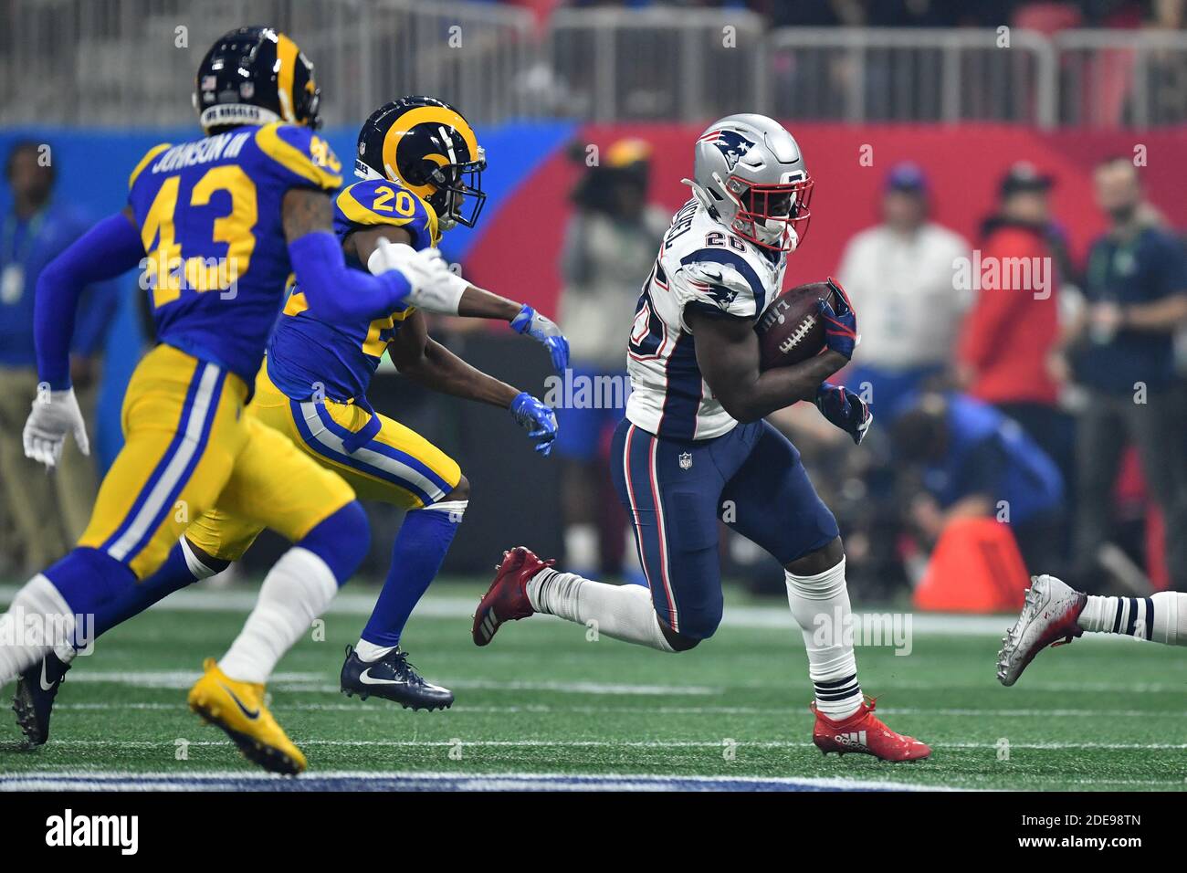 Sony Michel in action during the Super Bowl LIII at Mercedes-Benz Stadium on February 3, 2019 in Atlanta, GA, USA. The New England Patriots defeats the Los Angeles Rams 13 to 3. Photo by Lionel Hahn/ABACAPRESS.COM Stock Photo