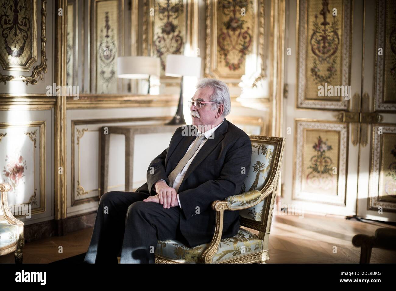 Head of the Democratic and Republican Leftist parliamentary group (Groupe de la Gauche democrate et republicaine, GDR), Andre Chassaigne, at the Elysee Palace in Paris on February 5, 2019. Photo by Nicolas Messyasz/pool/ABACAPRESS.COM Stock Photo