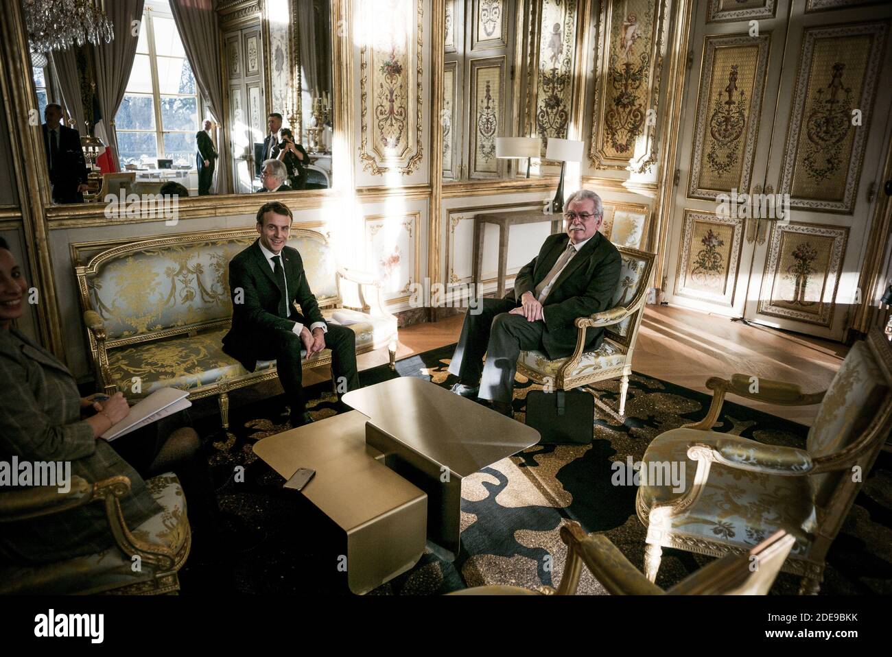 French President Emmanuel Macron (L) meets the Head of the Democratic and Republican Leftist parliamentary group (Groupe de la Gauche democrate et republicaine, GDR), Andre Chassaigne, at the Elysee Palace in Paris on February 5, 2019. Photo by Nicolas Messyasz/pool/ABACAPRESS.COM Stock Photo