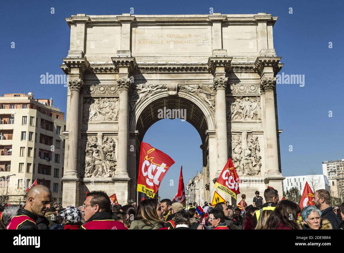 Yellow vest protestors (gilets jaunes) and union members march during a ...