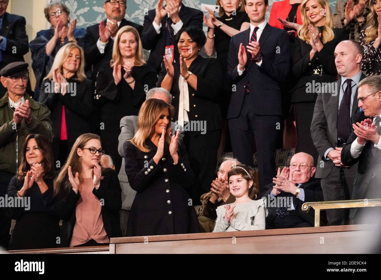 FEBRUARY 5, 2019 - WASHINGTON, DC: First Lady Melania Trump and guest Grace Eline during the State of the Union address at the Capitol in Washington, DC, USA on February 5, 2019. Photo by Doug Mills/Pool via CNP/ABACAPRESS.COM Stock Photo