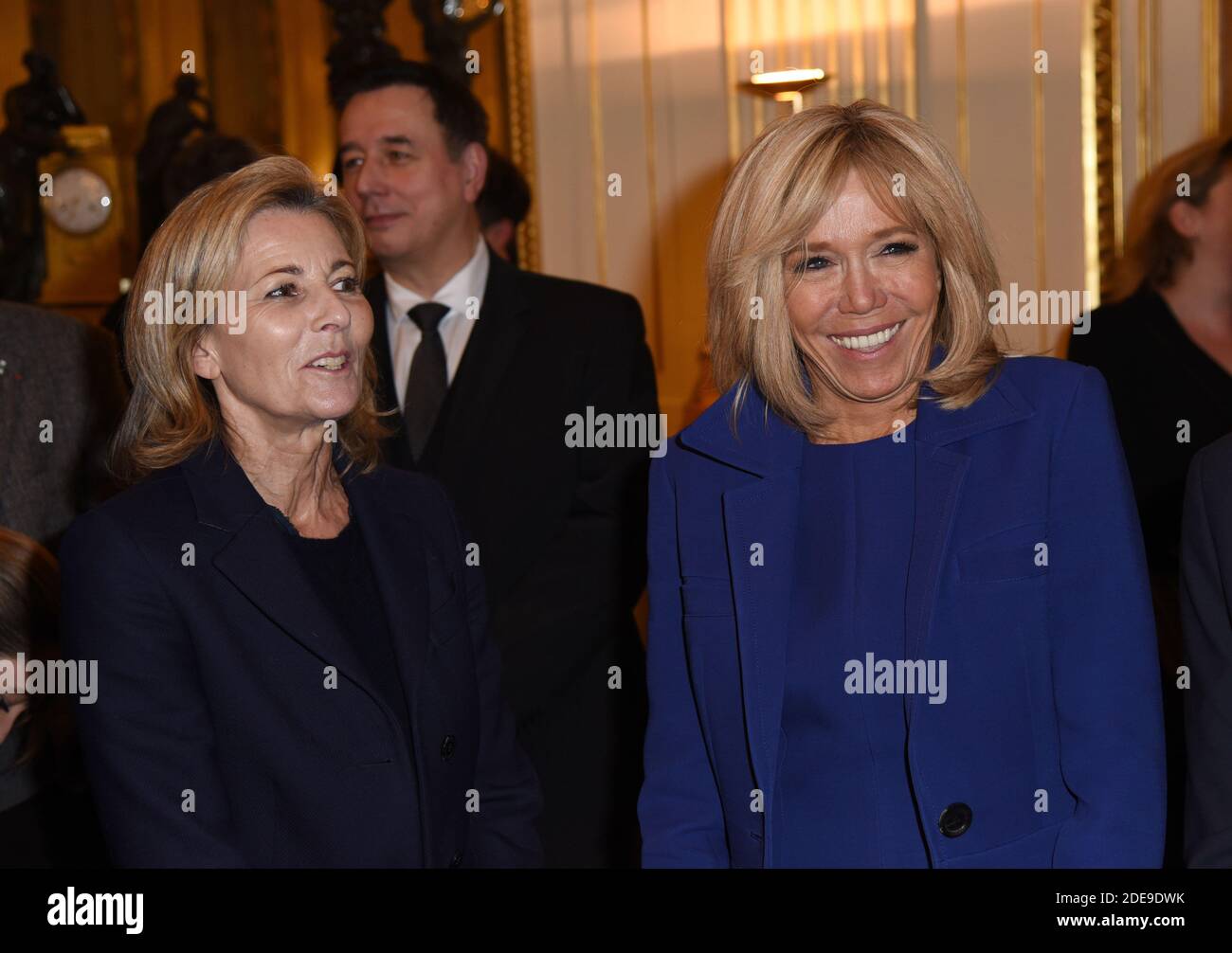 Brigitte Macron and Claire Chazal during the ceremony where French stage  director, actor and writer Olivier Py was given the medal of the Legion of  Honour, held at the Culture Ministry in