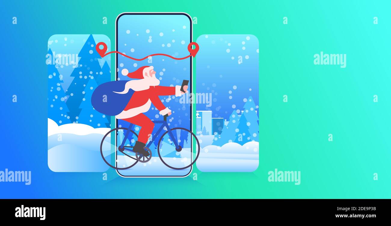 santa claus riding bicycle and using navigation app on smartphone happy new year merry christmas holidays celebration concept full length horizontal vector illustration Stock Vector