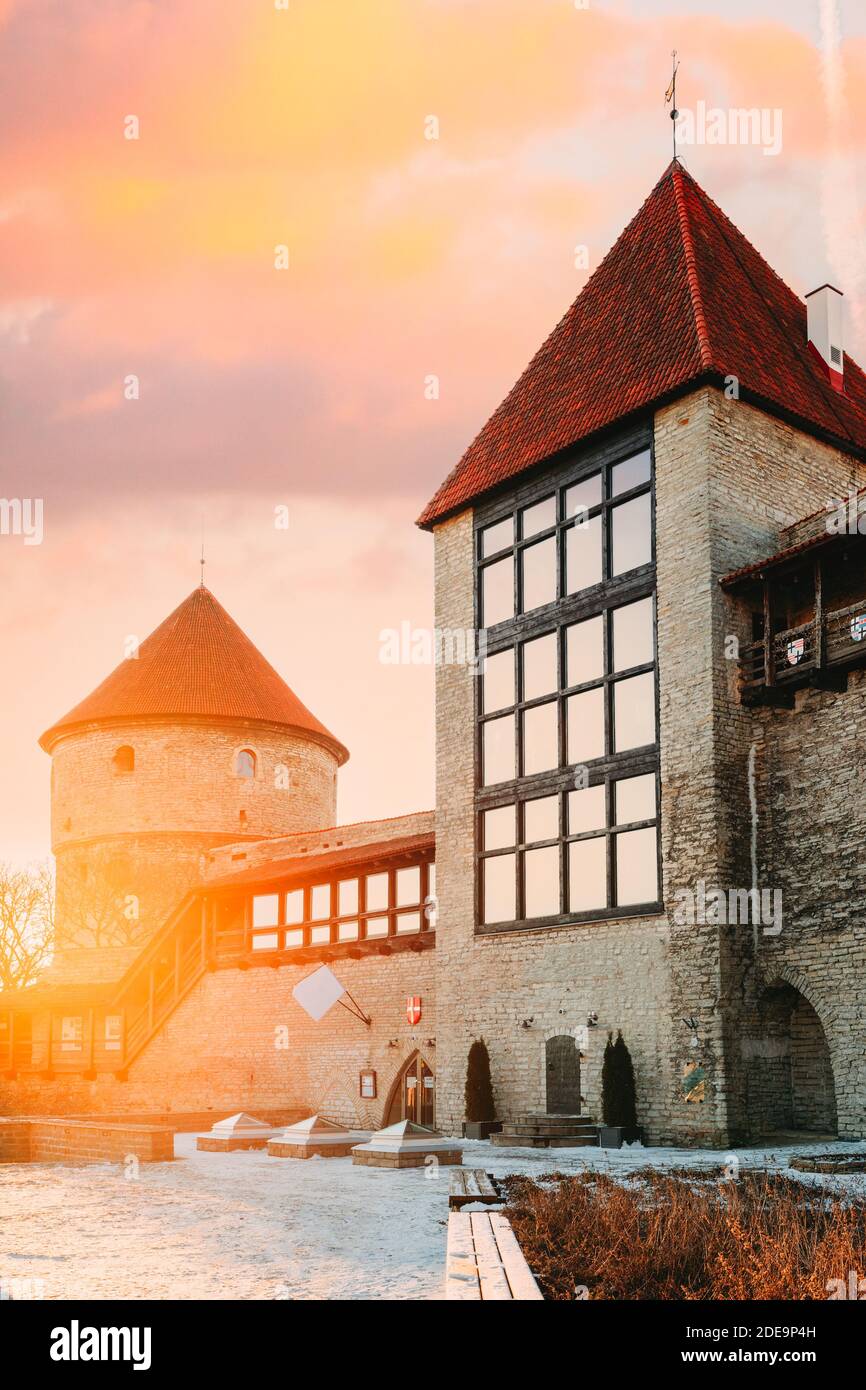 Tallinn, Estonia. The Former Prison Tower Neitsitorn In Old Tallinn. Medieval Maiden Tower At Winter Sunrise In Sunny Morning. Sun Shining. Altered Stock Photo