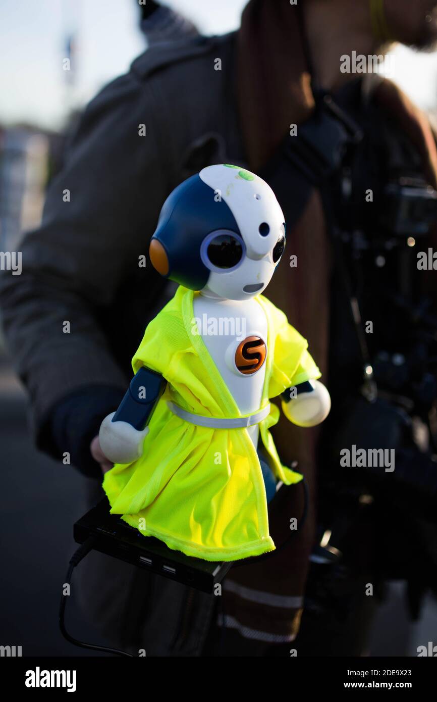 A toy in shape of an Alien with a Yellow Vest on February 16, 2019 in Paris  during the 14th consecutive week of nationwide Yellow Vest (Gilets Jaunes)  movement protests against the