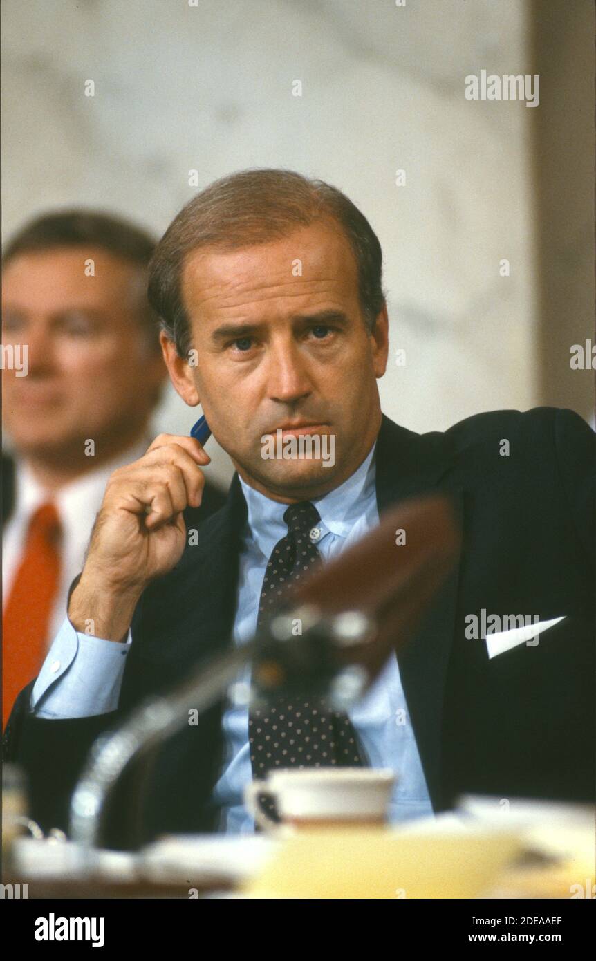 United States Senator Joseph Biden (Democrat of Delaware), Chairman, US Senate Judiciary Committee, questions Judge Robert Bork, US President Ronald Reagan's nominee to replace retiring Associate Justice of the US Supreme Court Lewis Powell, during the hearing to confirm Bork in the US Senate Caucus Room in Washington, DC on September 18, 1987. President Reagan named Bork on on July 1, 1987.Credit: Ron Sachs/CNP | usage worldwide Stock Photo