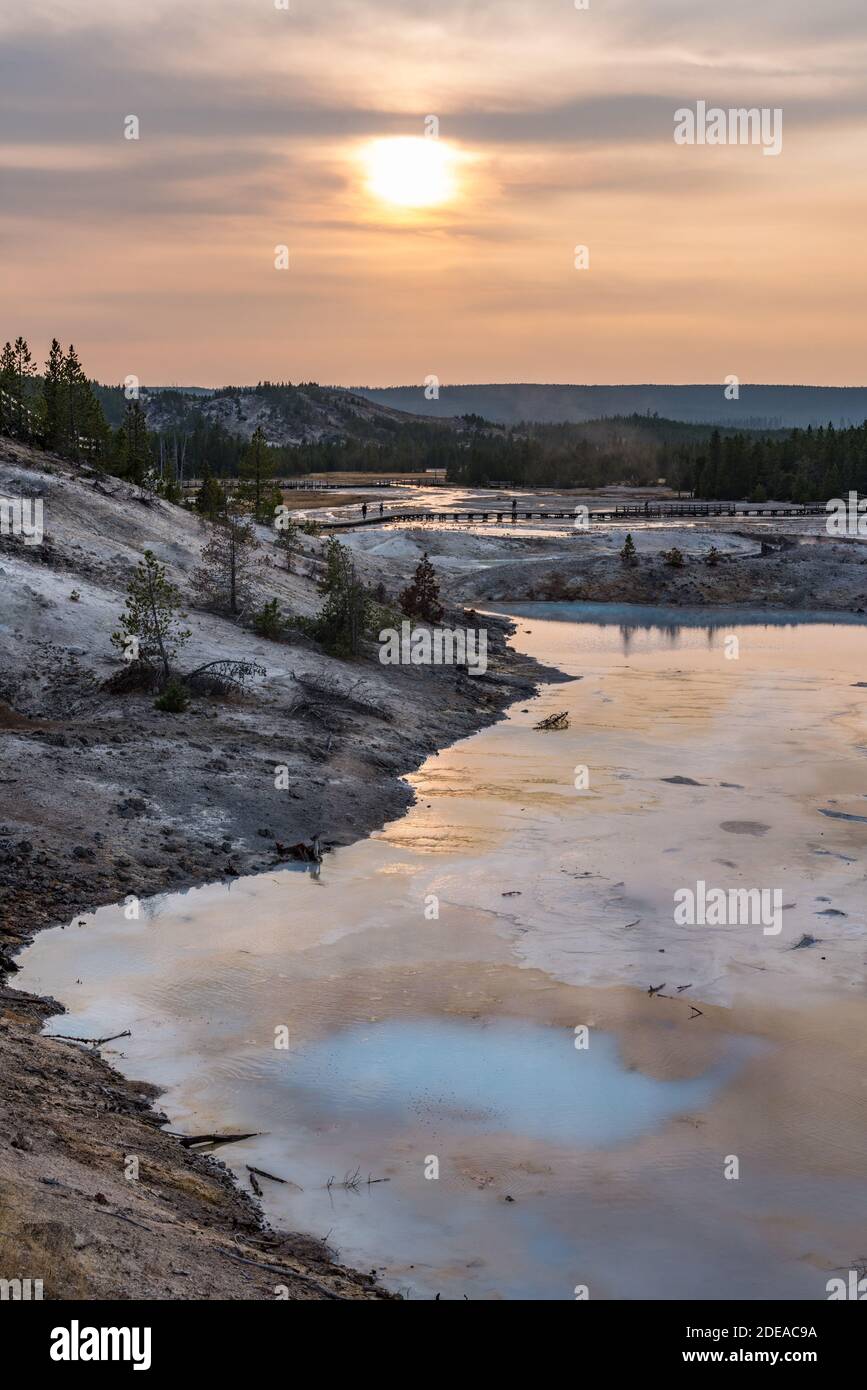 One of the Porcelain Springs, opalescent pools in the Porcelain Basin of the Norris Geyser Basin, Yellowstone National Park, Wyoming, USA. Stock Photo