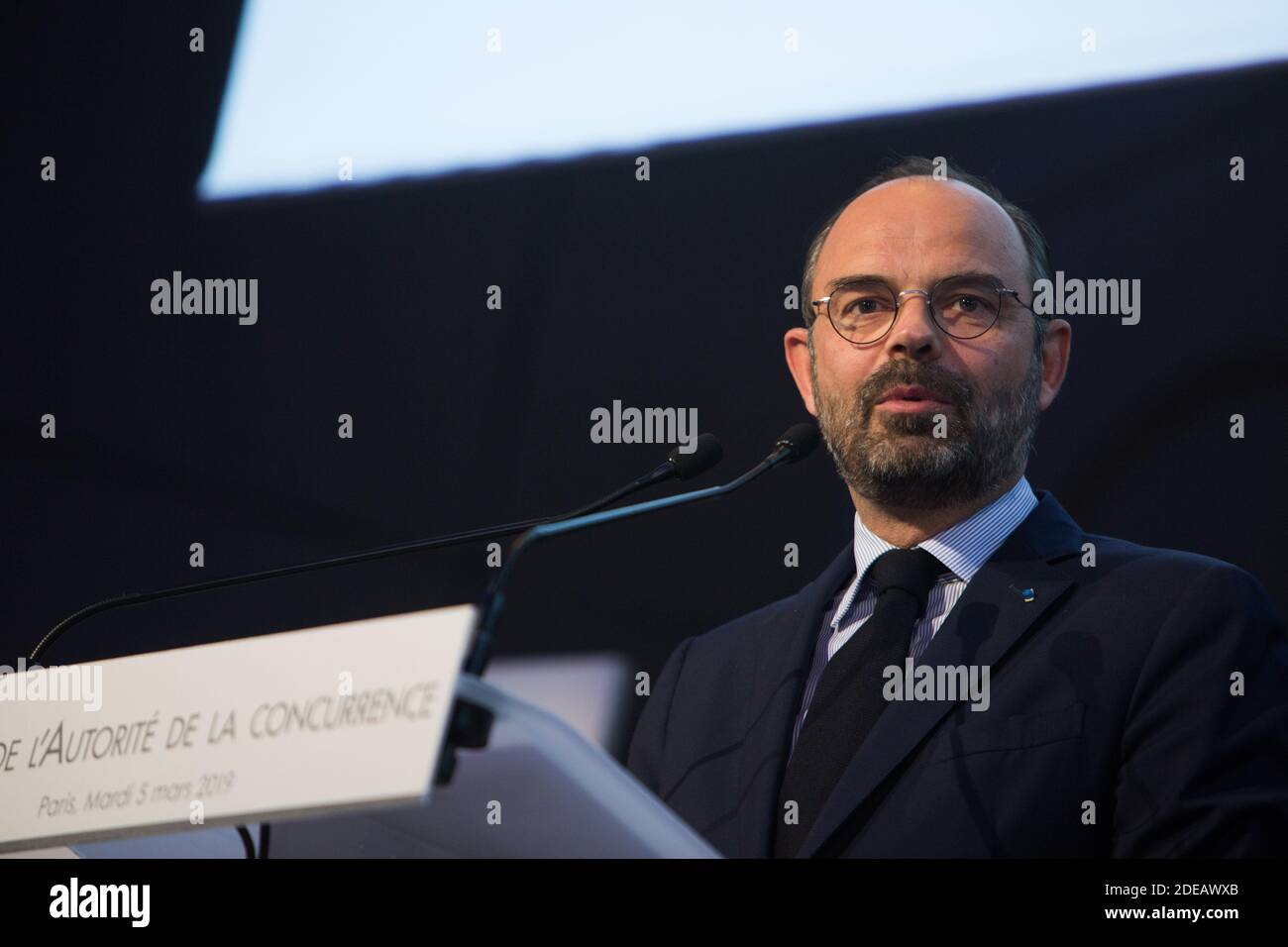 Prime minister Edouard Philippe during the 10th anniversary of the Autorite de la Concurrence (Competition Authority) forum event in Paris on March 5, 2019. Photo by Raphaël Lafargue/ABACAPRESS.COM Stock Photo
