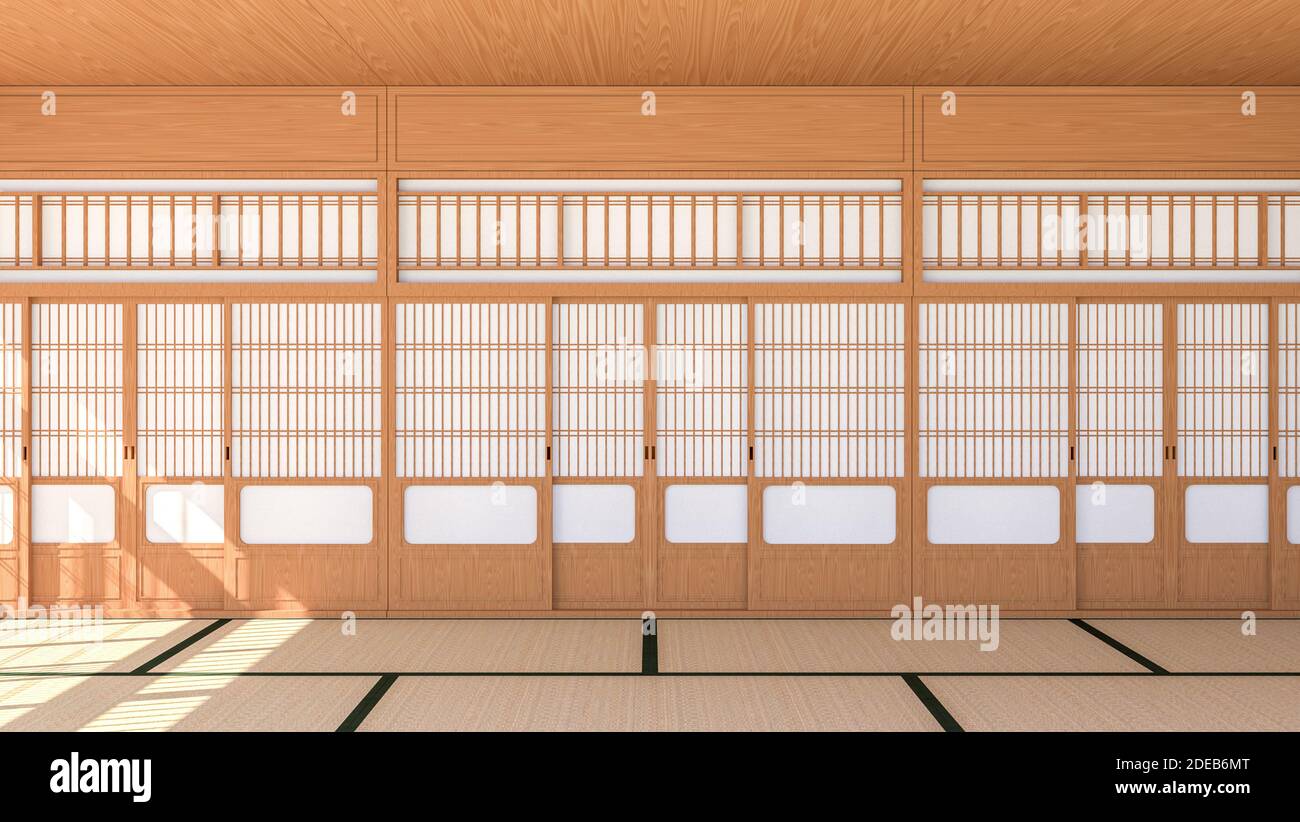 Empty Japanese traditional style room interior with Shoji sliding door and Tatami mat floor, 3d rendering Stock Photo