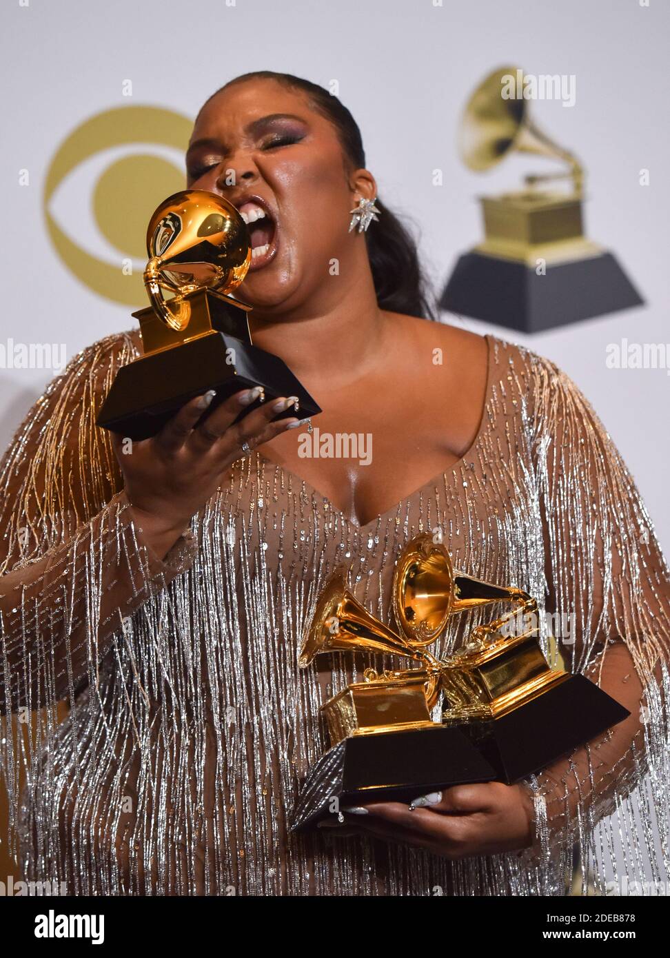 Los Angeles, United States. 29th Nov, 2020. Lizzo appears backstage with her award for Best Traditional R&B Performance for 'Jerome' and Best Urban Contemporary Album award for 'Cuz I Love You (Deluxe)' during the 62nd annual Grammy Awards held at the Staples Center in Los Angeles on January 26, 2020. Photo by Christine Chew/UPI Credit: UPI/Alamy Live News Stock Photo
