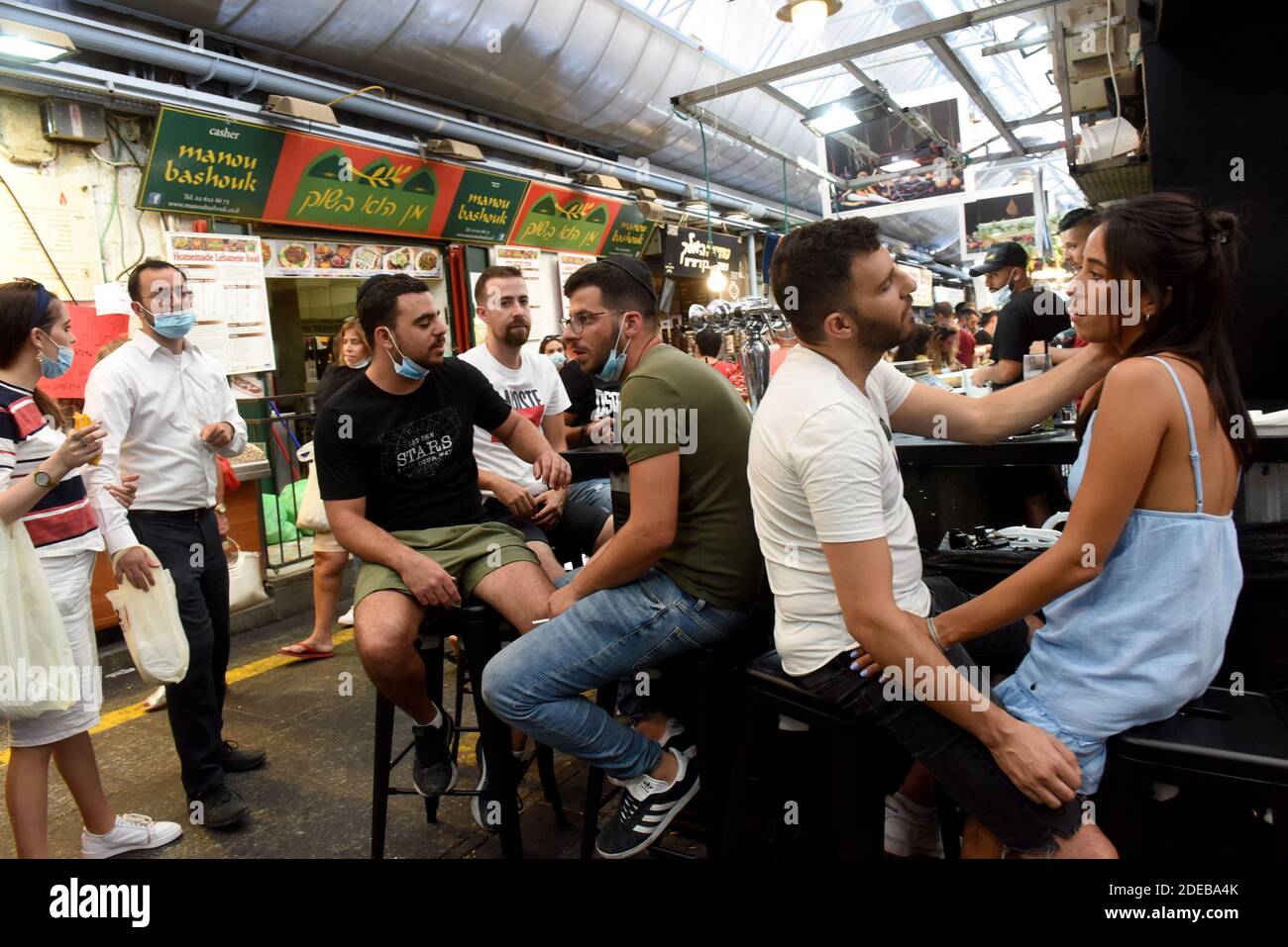Jerusalem, Israel. 29th Nov, 2020. Israelis enjoy a bar in the Mahane Yehuda Market in Jerusalem before the Jewish Sabbath on Friday, July 24, 2020. The Israeli Health Ministry reported 59 deaths and over 12,000 new coronavirus cases in the past week. Photo by Debbie Hill/UPI Credit: UPI/Alamy Live News Stock Photo