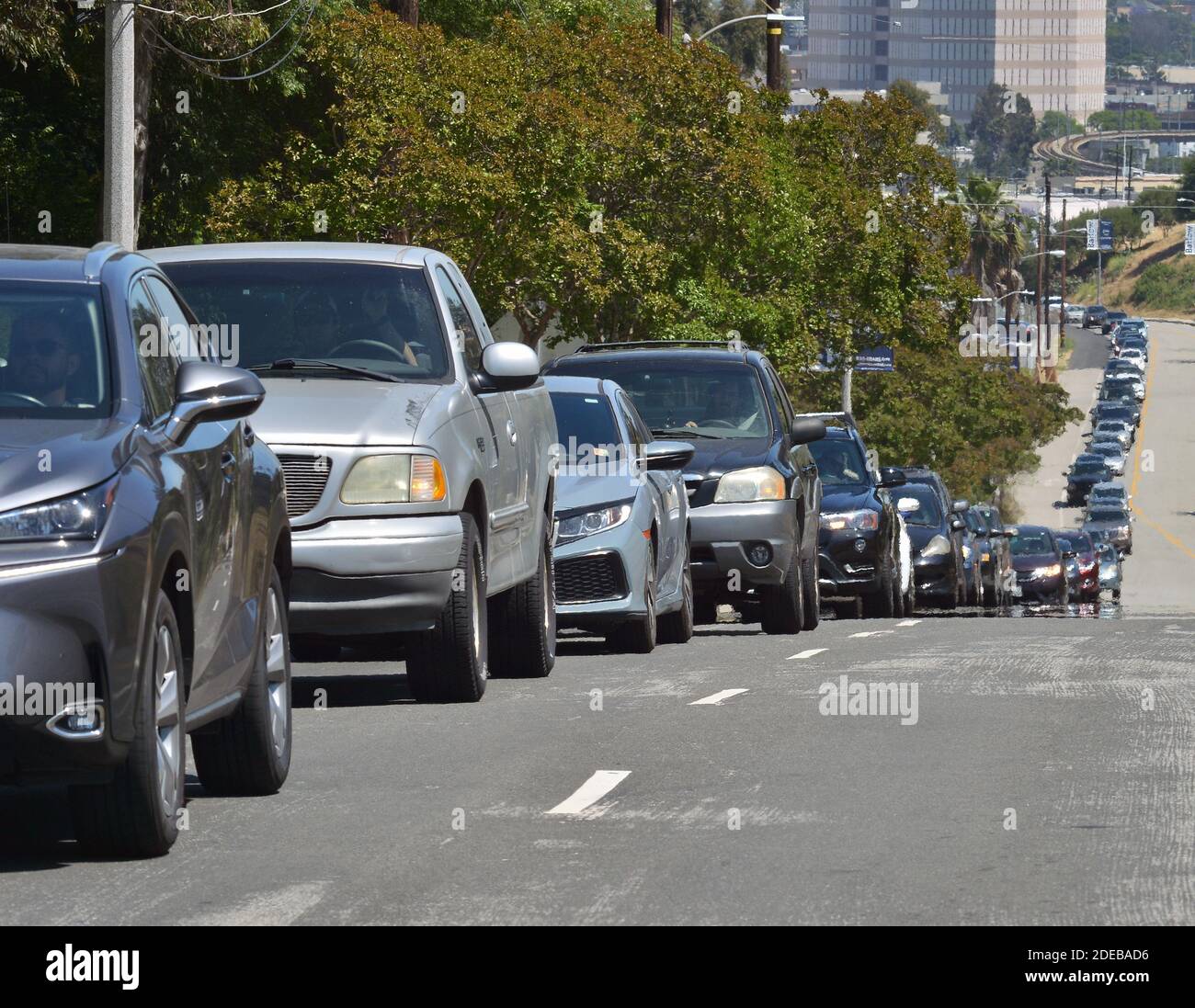 A mile-long line of vehicles waiting to enter a new COVID-19 testing site at Dodger Stadium in Los Angeles on Tuesday, May 26, 2020. In announcing the center on Friday, Mayor Eric Garcetti said health officials would be testing as many as 6,000 people a day at the new location, where he said he was tested for COVID-19 himself. City officials say they will accommodate three times more people than any other Los Angeles County testing site. Photo by Jim Ruymen/UPI Stock Photo