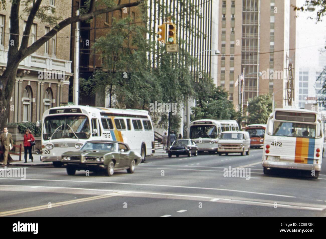 Metropolitan Atlanta Rapid Transit Authority (MARTA) buses in downtown Atlanta; Georgia.  ca. 1974 Stock Photo
