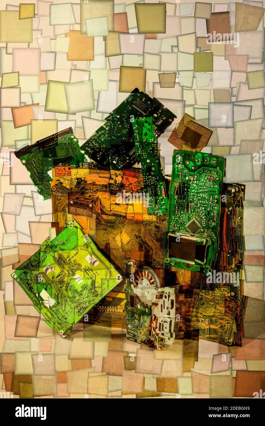 Collage of abstract shapes made of computer circuit boards, stylization ...