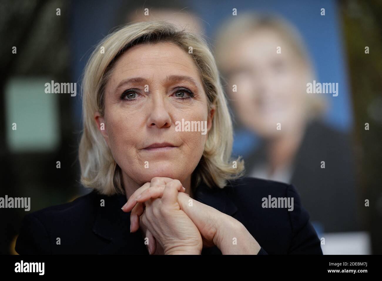 President of the extreme right party ( Rassemblement National ) Marine Le  Pen holds a press conference in the context of the European elections in  the restaurant Le Vigneron in Buzet-sur-Baise, France,