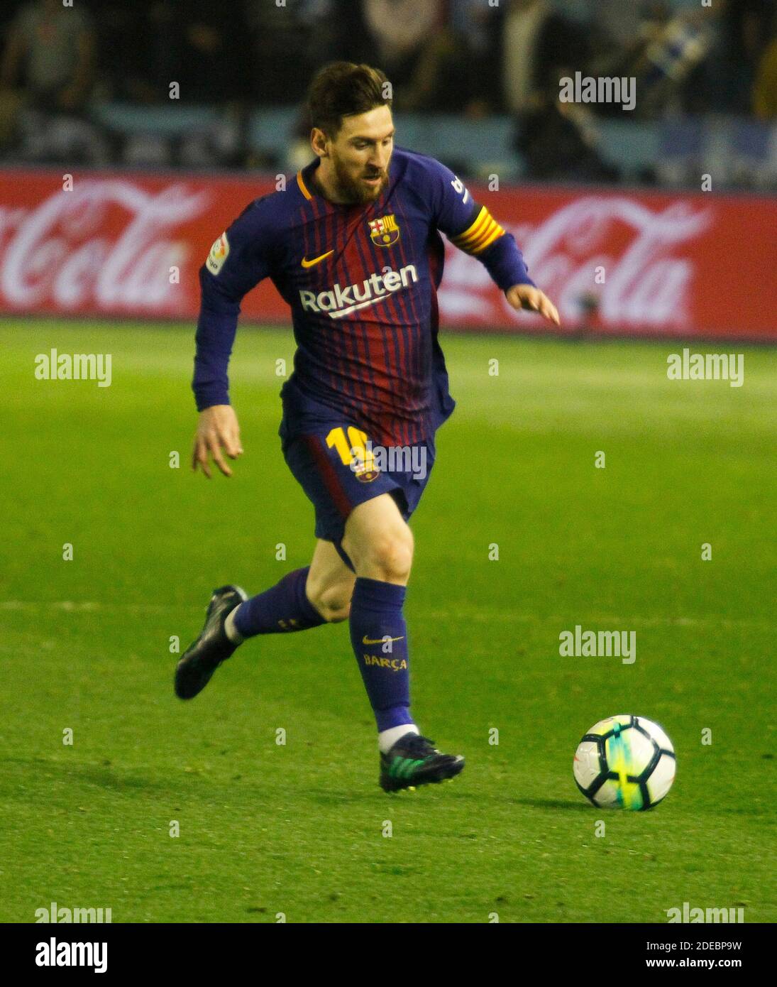Leo Messi, player of the Barcelona football club with a ball during a match on April 17, 2018 Stock Photo