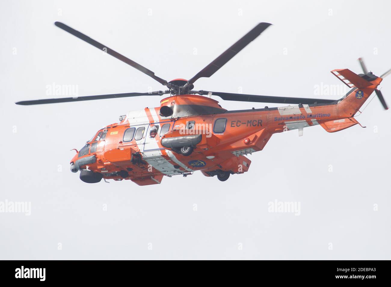 Coruña-Spain.Eurocopter EC225 Super Puma "Helimer 401" for maritime rescue  during the search for a castaway on the Orzan beach in A Coruña on March 30  Stock Photo - Alamy