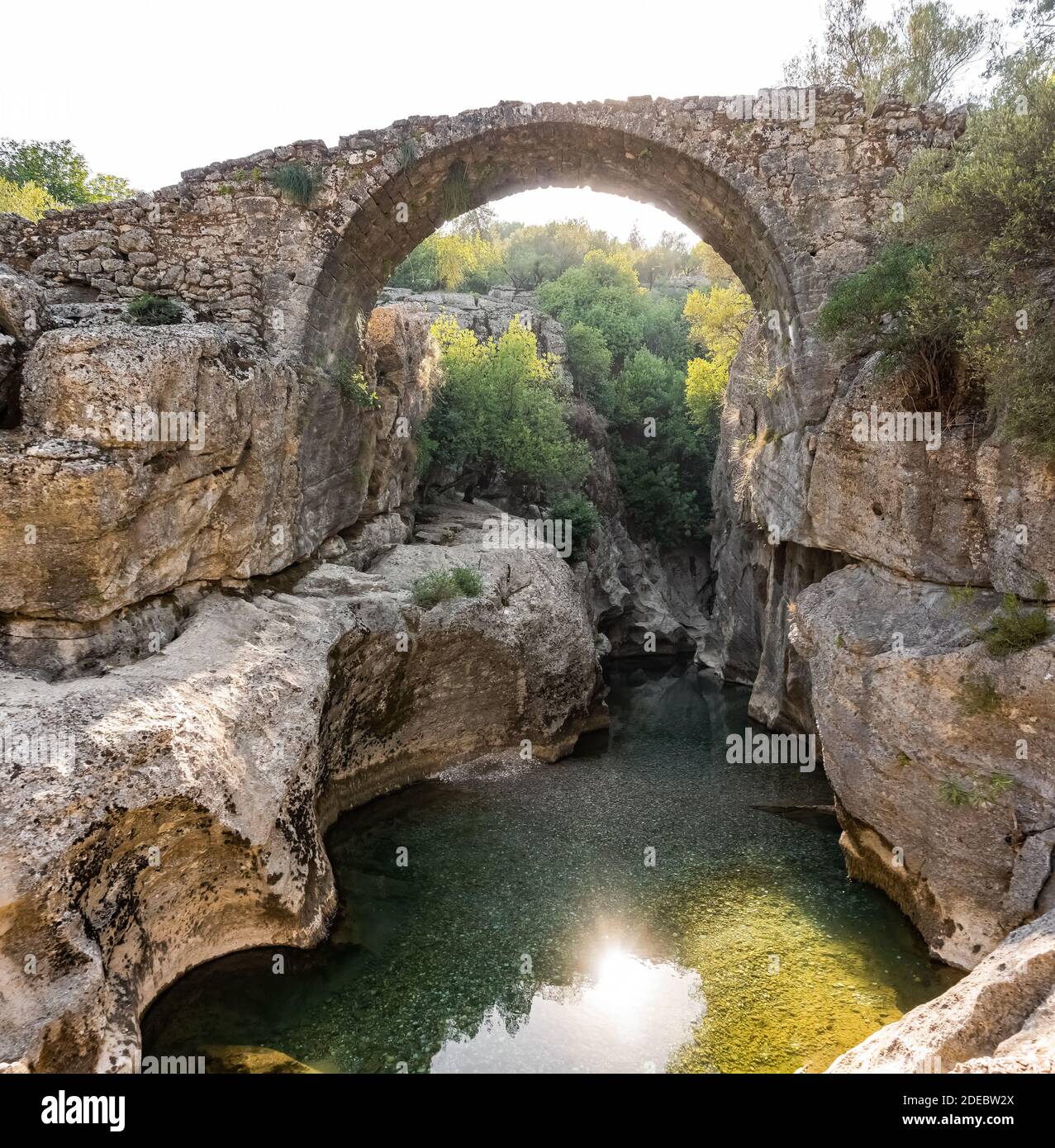 Ancient Roman bridge as known as 'Bugrum' bridge. Koprucay river landscape from Koprulu Canyon National Park in Manavgat, Antalya, Turkey. Stock Photo