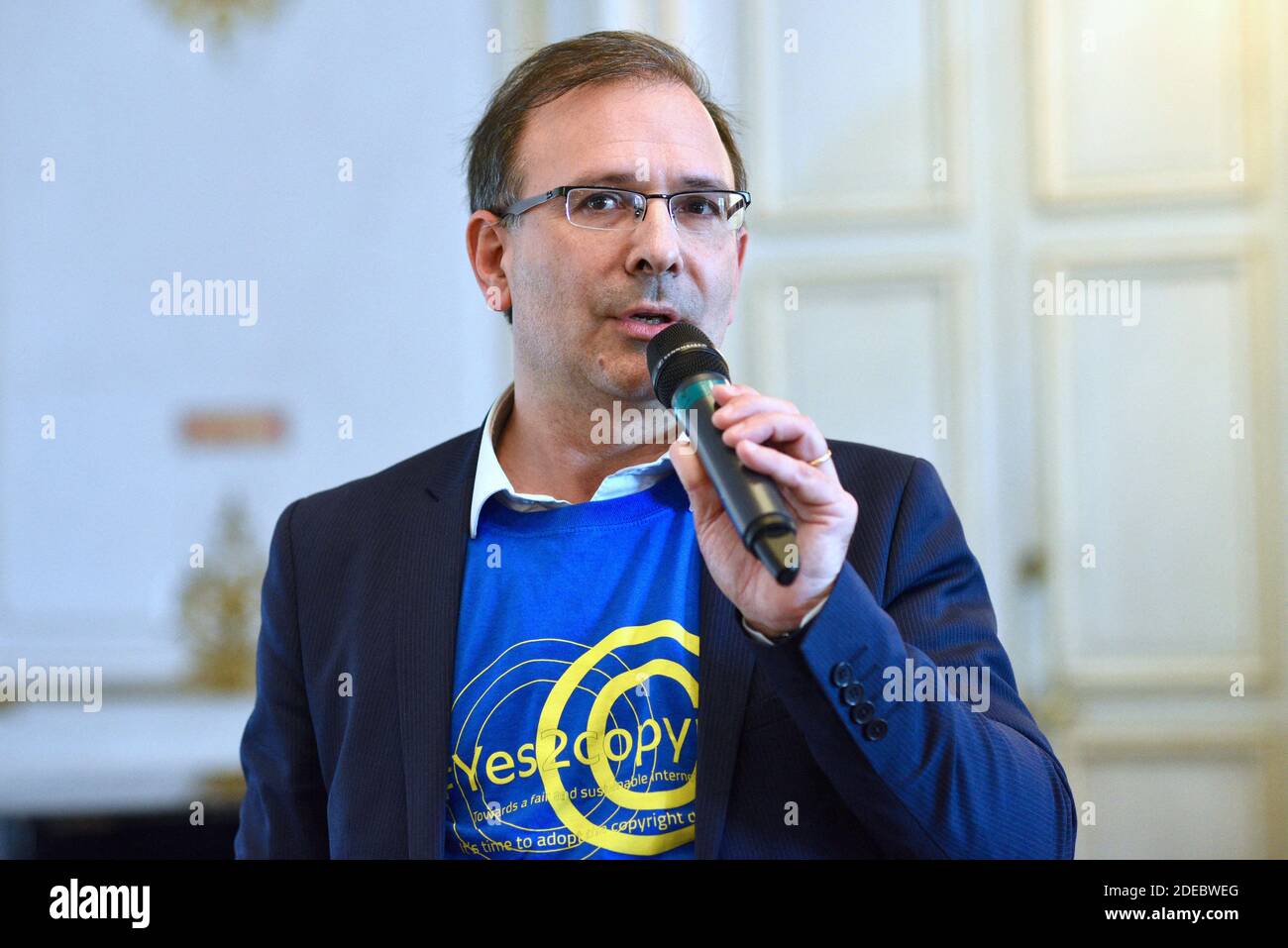 French CEO Sacem Jean-Noel Tronc speaking as a demonstration in favour of  the new copyright directive ahead of the vote on copyright in the Digital  Single Market is taking place outside the